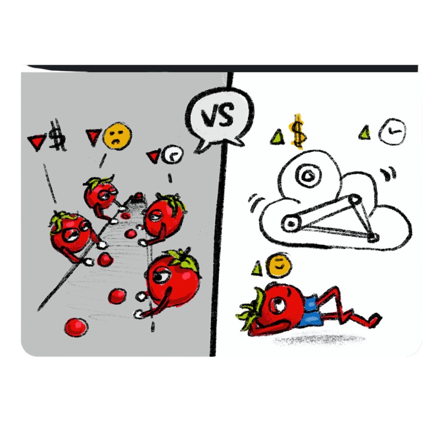 Automatisierung vs Fließband links: Tomaten am Fließband, rechts: Tomate beim Entpannen